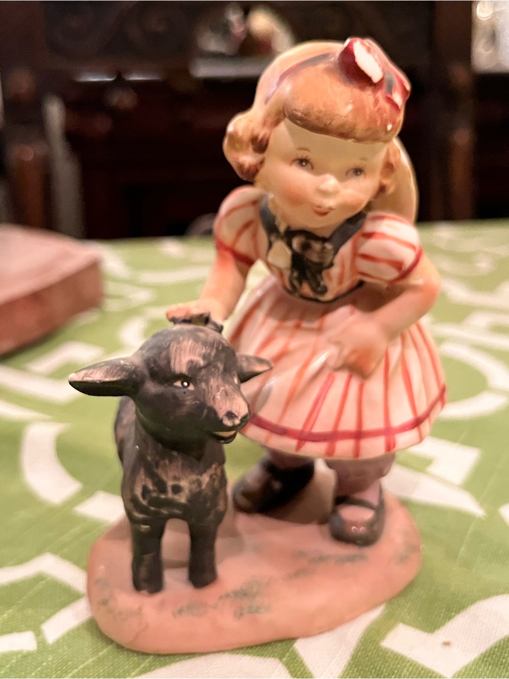 Hand-Painted Ceramic Girl with Lamb Figurine - Pink & Black